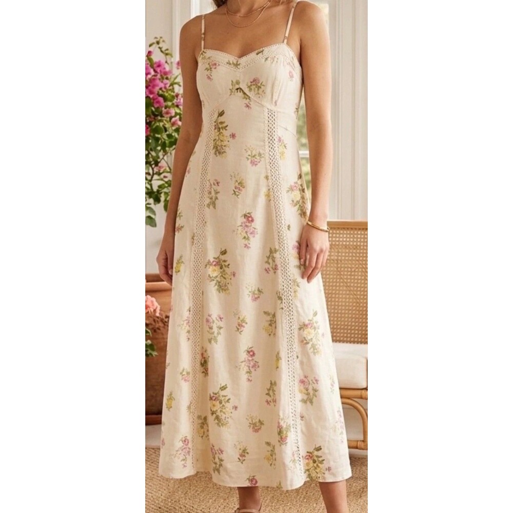 Caroline Constas women Floral Crochet Trim Linen Blend Long Maxi Dress sze Small